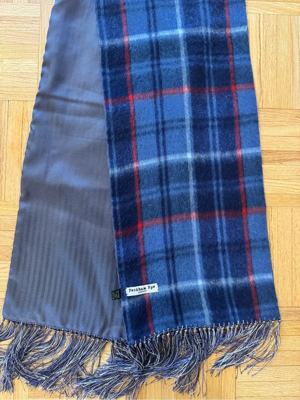 Silk Navy Plaid Fringe Scarf with Red Accents- Peckham Rye London